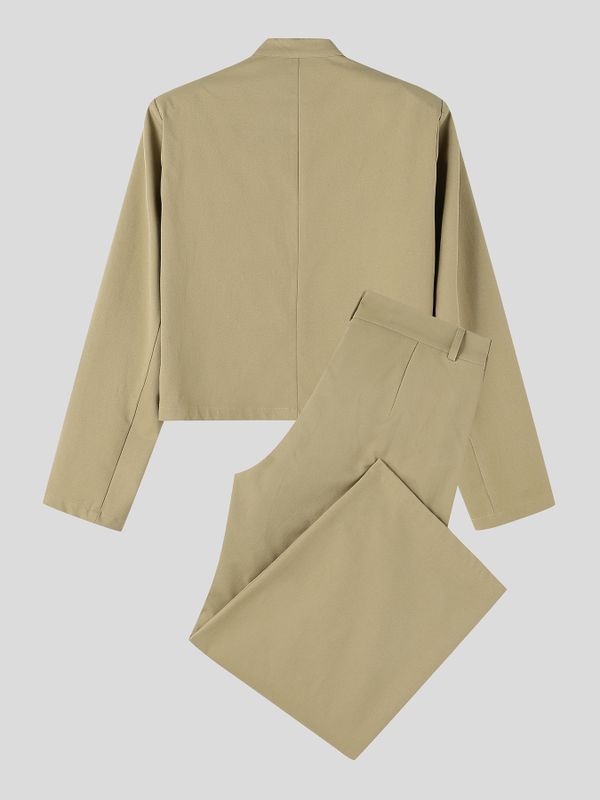 Men's Zen Minimalist Art Exhibition Stand Collar Flap Pocket Cropped Two Pieces Outfit SKUL84620