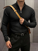 Men's Early Autumn Urban Casual Full Zip Ribbed Long Sleeve Stand Collar Cardigan SKUL79623