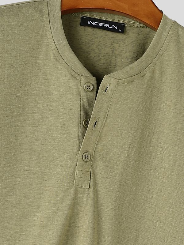 Men's Smart Casual Textured Long-Sleeve Henley Placket T-shirt SKUL78030