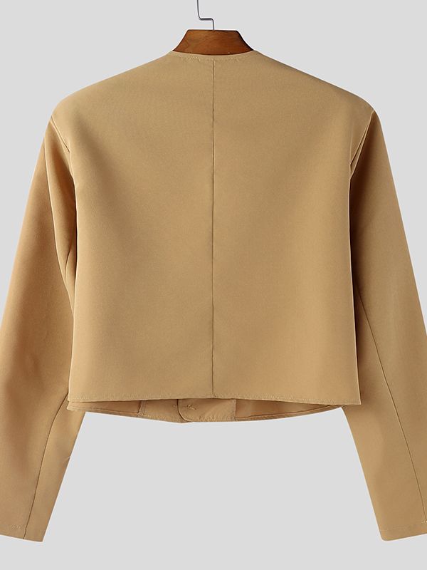 Men's Cut Out Design Metal Buckle Cropped Long Sleeve Blazer SKUL48622