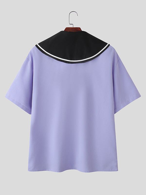 Men's Preppy Sailor Collar Contrast Color Short Sleeve Shirt SKUL41203