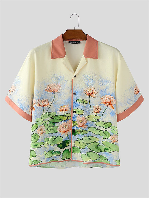 Mens Lotus Print Color Block Short Sleeve Shirt SKUL16585