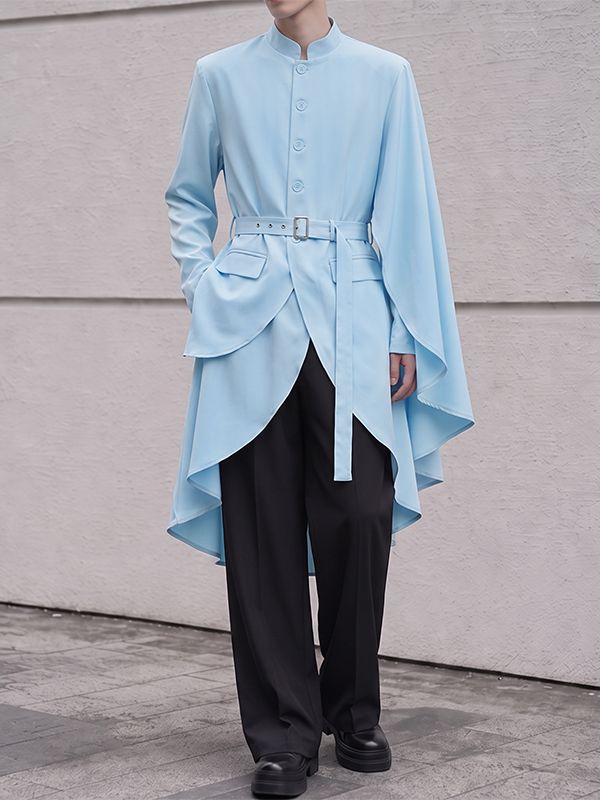 Men's Avant-Garde Runway Asymmetrical Cape Cloak Tiered Layered Hem Belted Long Sleeve Stand Collar Blazer SKUL78341
