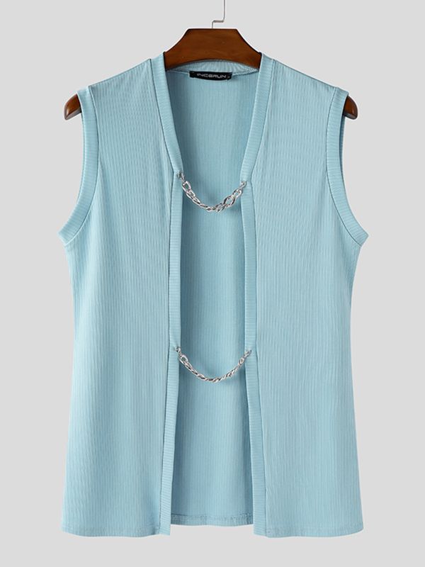 Men's Metal Chain Closure Sleeveless Longline Cardigan SKUL56550