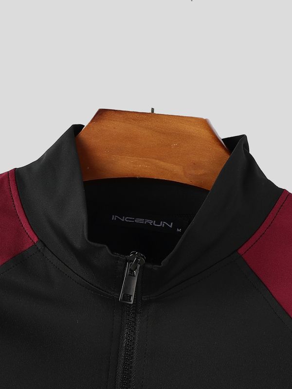Men's Technical Athletic Aesthetic Color Block Zip Front Slim Fit Bodysuit SKUL63181