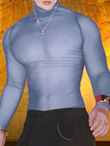 Men's Sheer Mesh High Neck Long Sleeve T-Shirt SKUL38059