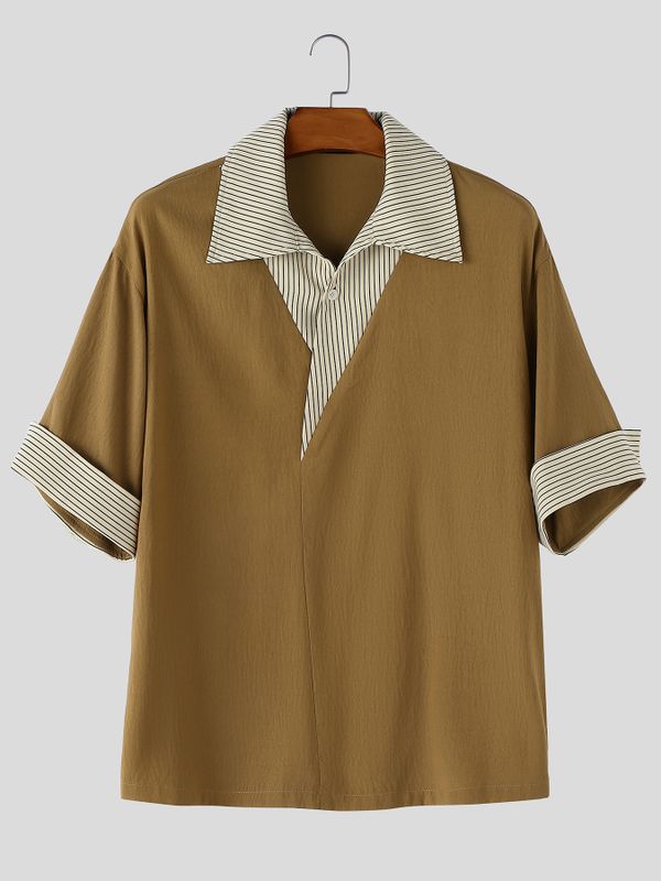 Men's Modern City Boy Relaxed Faux-Layered Asymmetrical Pinstripe Patchwork Shirt SKUL60214