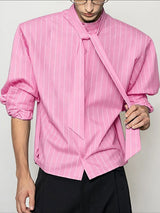 Men's Stripe Padded Shoulder Long Sleeve Shirt SKUL41547