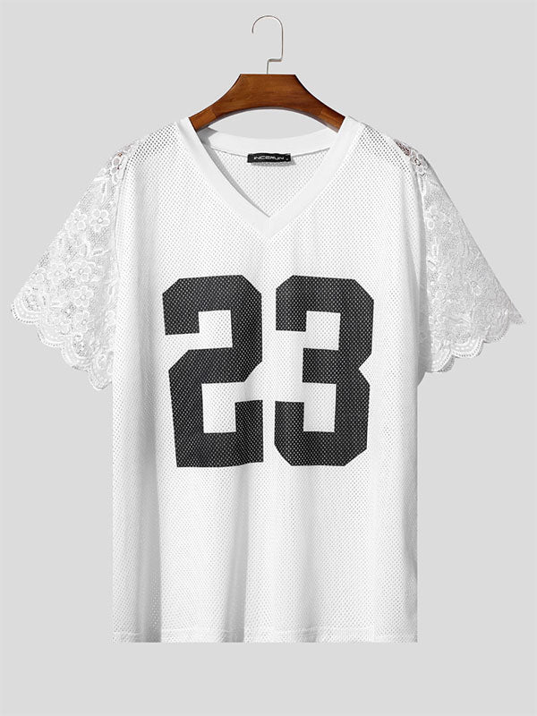 Men's Number 23 Lace Patchwork Short Sleeve T-Shirt SKUL19150