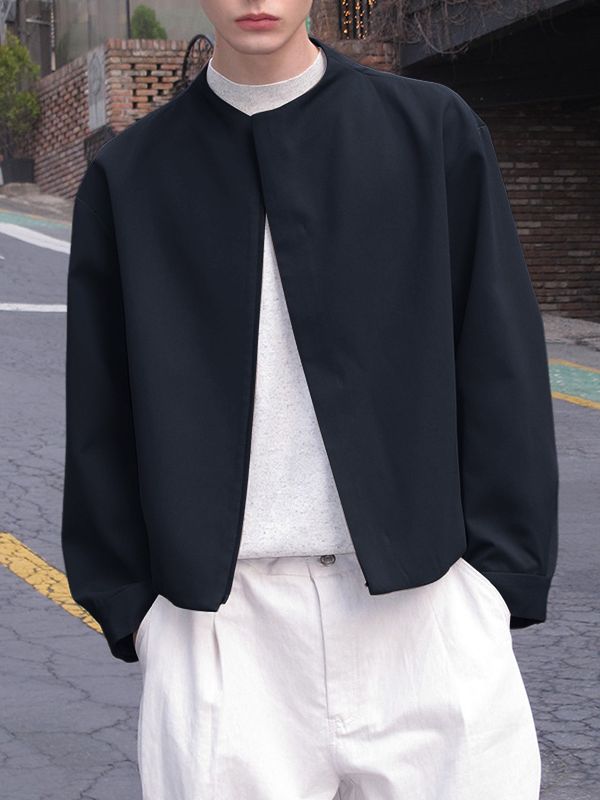 Men's Korean Minimalist Collarless Hidden Placket Boxy Cropped Long Sleeve Shirt SKUL76488