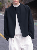 Men's Korean Minimalist Collarless Hidden Placket Boxy Cropped Long Sleeve Shirt SKUL76488