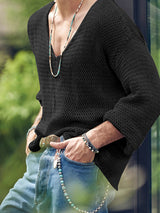 T-shirt uni à manches longues et col en V pour homme SKUJ90760