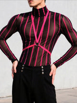 Men's Striped Patchwork Sheer Long Sleeve T-Shirt SKUL23956