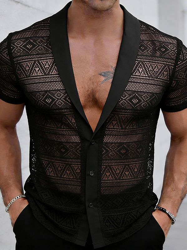 Men's Sheer Lace Mesh Short Sleeve Shirt SKUL57736