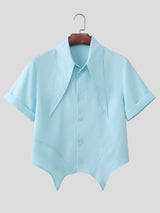 Men's Extra-Long Pointed Collar Asymmetrical Cropped Short Sleeve Shirt SKUL61699