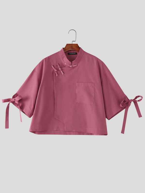 Men's Solid Color Frog Button Stand Collar Half Sleeve Shirt SKUL57725