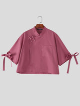 Men's Solid Color Frog Button Stand Collar Half Sleeve Shirt SKUL57725