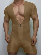 Mens Ice Silk Zip-Up Fitted Short Sleeve Bodysuit SKUL10799