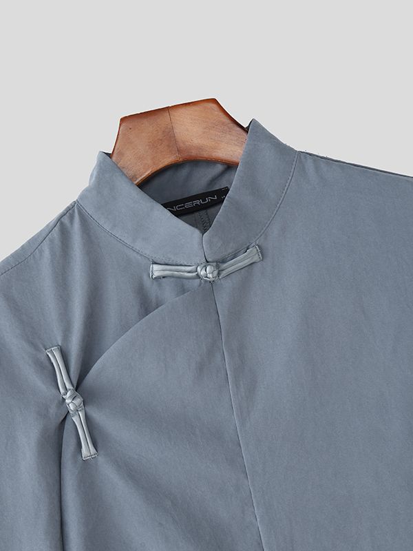 Men's Solid Color Frog Button Long Sleeve Shirt SKUL40230