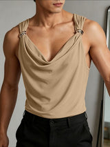 Men's Avant-Garde High-Street Aesthetic Double Metal Rings Cowl Neck Fitted Tank SKUL69205