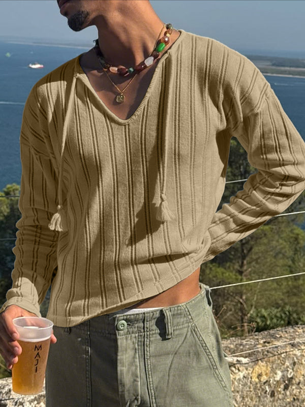 Men's Solid Color Textured Long Sleeve T-shirt SKUL50897