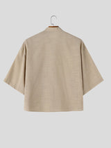 Men's Retro Resort Floral Applique Pocket Feel Drop Shoulder Half Sleeve Band Collar Shirt SKUL81852