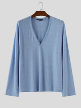 Men's Solid Color V-Neck Long Sleeve T-Shirt SKUL27246