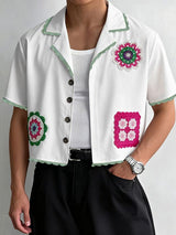 Men's Avant-Garde Crochet Floral Patchwork Scalloped Trim Cropped Camp Collar Shirt SKUL50754