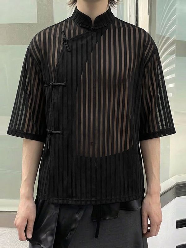 Men's Striped Sheer Frog Button Short Sleeve Shirt SKUL55428
