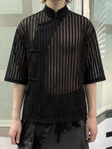 Men's Striped Sheer Frog Button Short Sleeve Shirt SKUL55428