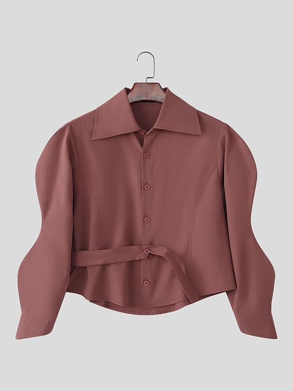 Men's Solid Color Cinched Waist Large Collar Wide Sleeve Shirt SKUL42663