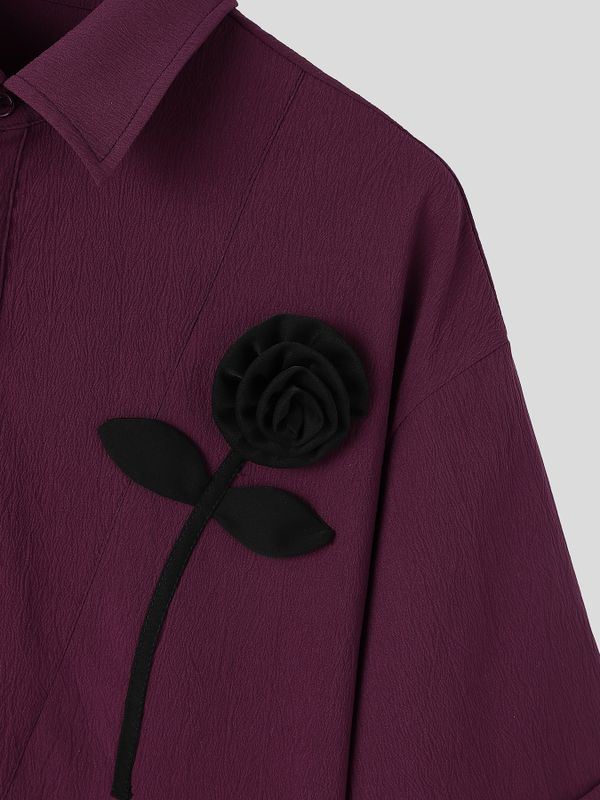 Men's Smart Chic Art Exhibition 3D Rose Flower Crinkle Textured Lapel Polo Shirt SKUL85957