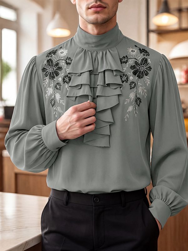 Men's Retro Party Cascading Ruffle Jabot Floral Embroidery Long Sleeve High Neck Shirt SKUL81113