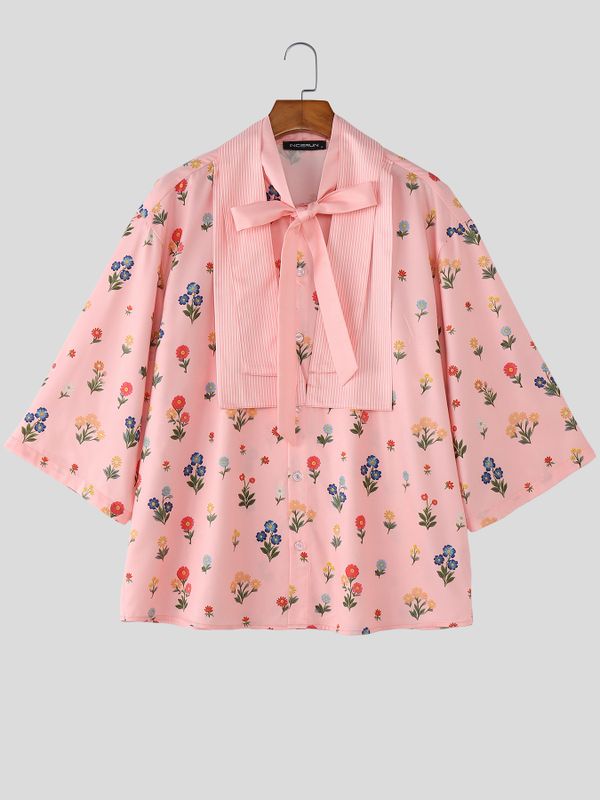 Men's Floral Print Striped Patchwork Half Sleeve Shirt SKUL53144