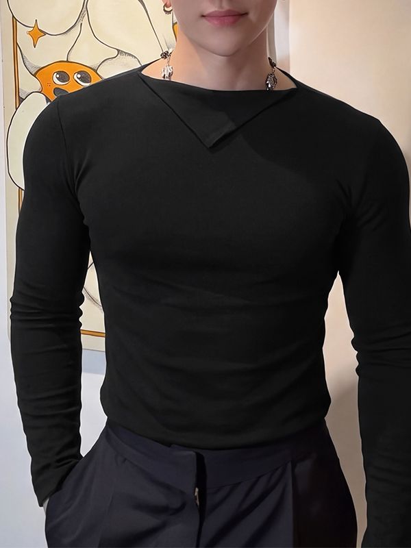 Men's Korean Minimalist City Date Asymmetric Fold-Over Collar Slim-Fit T-shirt SKUL84569