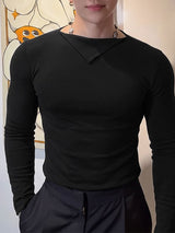 Men's Korean Minimalist City Date Asymmetric Fold-Over Collar Slim-Fit T-shirt SKUL84569
