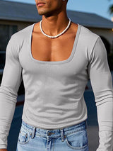 Mens Shiny Square Neck Long-Sleeve T-Shirt SKUL02090