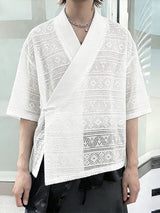 Men's Solid Color Lace Asymmetric Placket Half Sleeve Shirt SKUL56292