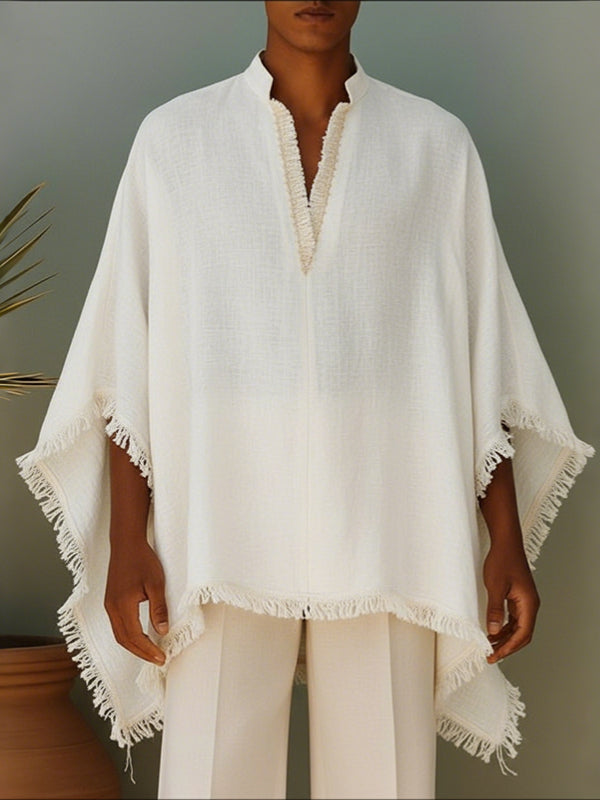 Men's Tassel Patchwork V Neck Long Sleeve T-shirt SKUL52014