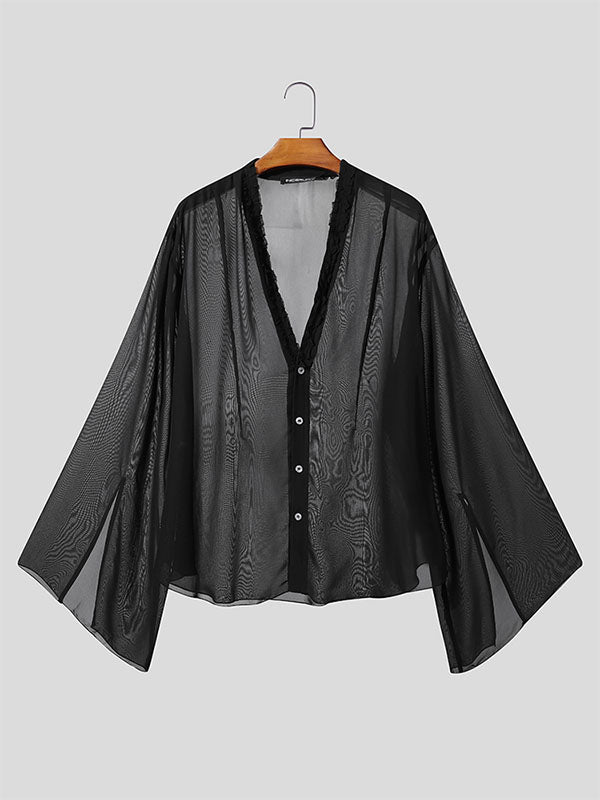 Men's Sheer Lace Patchwork Long Sleeve Shirt SKUL25962