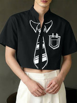 Men's Avant-Garde Trompe L'oeil Tie Print Deconstructed Mandarin Collar Cropped Short Sleeve Shirt SKUL65900