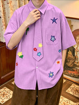 Men's Japanese Harajuku Style Playful Floral Print Plaid Shirt SKUL70205