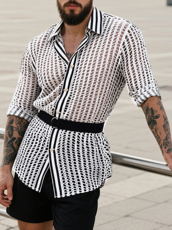 Men's Hollow Mesh Sheer Long Sleeve Shirt SKUL25961