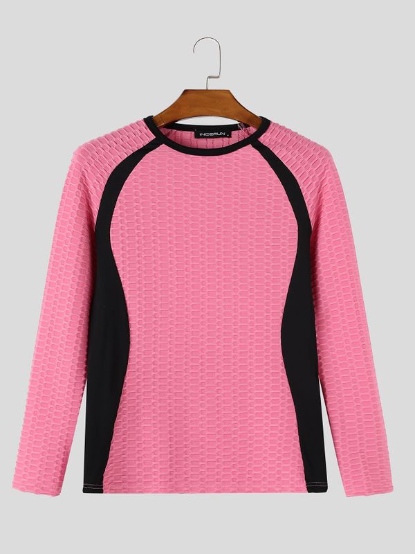 Men's Athletic Gym 3D Honeycomb Textured Contrast Color Block Muscle Fit Raglan Long Sleeve Crew Neck T-shirt SKUL83434