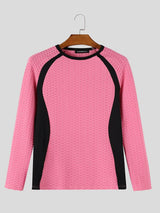 Men's Athletic Gym 3D Honeycomb Textured Contrast Color Block Muscle Fit Raglan Long Sleeve Crew Neck T-shirt SKUL83434