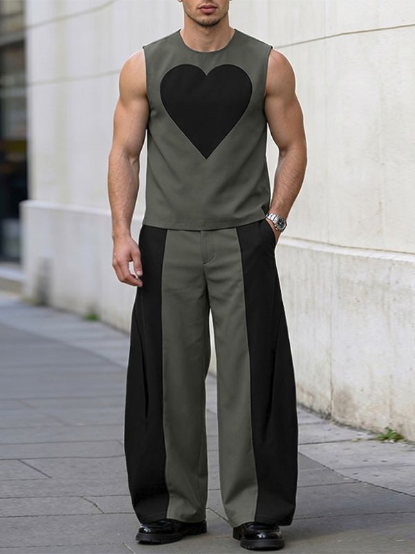 Men's Avant-Garde Colorblock Heart Graphic Two Pieces Outfit SKUL64292