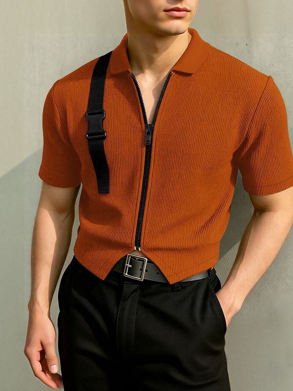 Men's Solid Color Textured Zipper Short Sleeve T-shirt SKUL46018