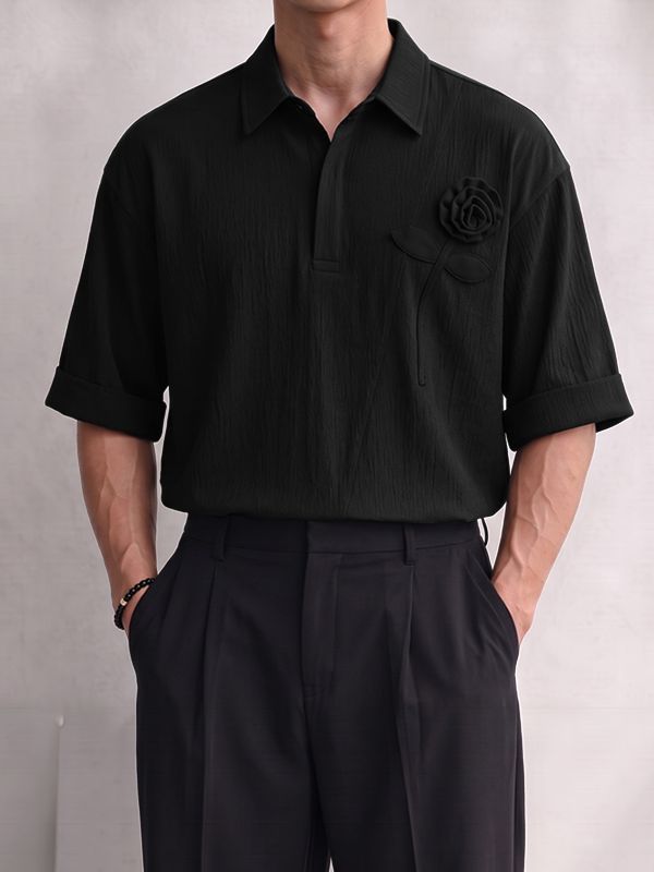 Men's Smart Chic Art Exhibition 3D Rose Flower Crinkle Textured Lapel Polo Shirt SKUL85957