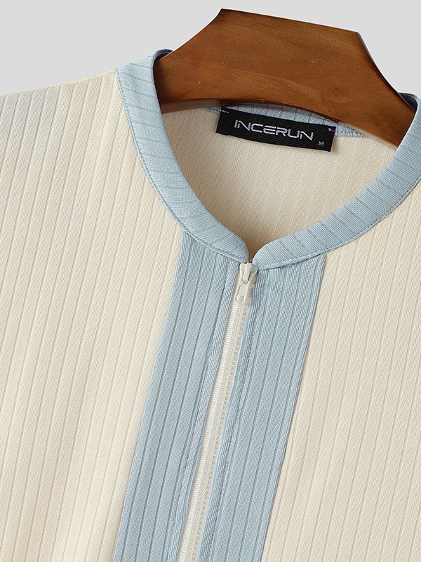 Men's Textured Contrast Color Cropped Short Sleeve T-shirt SKUL47901