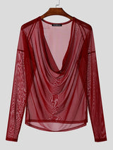 Men's Sheer Mesh Cowl Neck Long Sleeve T-shirt SKUL41054